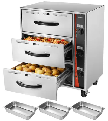 Produktbild von VEVOR kommerzieller elektrischer Schubladenwärmer, Speisenwärmer aus Edelstahl mit 3 Schubladen, großer Temperaturbereich von 30–85 °C, für Restaurants, Hotelbuffets und Bäckereien