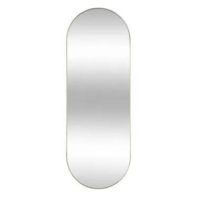 A tall, oval mirror with a gold frame against a white background.