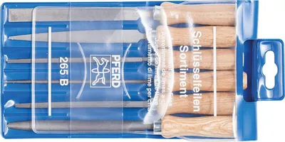 Produktbild von PFERD Schlüsselfeilen-Set mit Holzheft 6-tlg. 100mm Hieb 2 für filigrane Feilarbeiten (265 B), Datensatz, Ablängen, Aluminium, Messing, Eisenguss, Gussstahl, Kupfer, Stahl, Zink, Holz, Holz, 100 mm