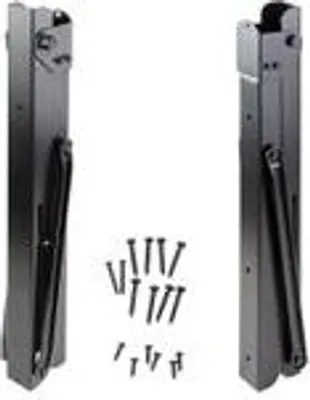 Two black folding brackets and a pile of screws on a white background.
