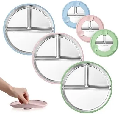 Produktbild von Baby Teller mit Saugnapf Set, 3-tlg Edelstahl Kinderteller für Kleinkinder, Geteilter Teller Babyteller mit Rutschfest Silikonhülle für Baby-Led Weaning, Spülmaschinenfest (Blau/Rosa/Grün)