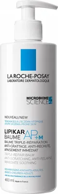 A white bottle of La Roche-Posay Lipikar Baume AP+ M body balm with a pump dispenser.