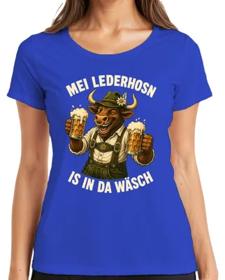 Zdjęcie produktu dla Mei Lederhosn - Koszulka z motywem byka, tradycyjna niemiecka odzież, spodnie skórzane damskie, T-shirt, niebieski, rozmiar 3XL