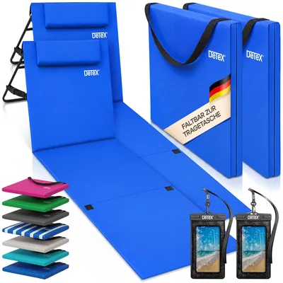 Produktbild von DETEX® 2x Strandmatte mit Rückenlehne Gepolstert Blau Sonnenliege klappbar UV-beständig Tasche Reißverschluss Kissen Tragegurt Garten Camping Picknick Liegematte 158x56cm