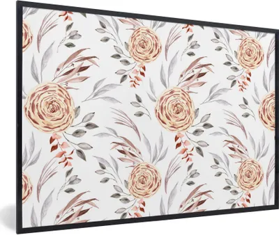 Produktbild von MuchoWow® Gerahmtes Poster Rosen - Blätter - Weiß 90x60 cm - Poster mit Schwarzem Bilderrahmen Wandposter Rahmen Foto Bilder - Fotorahmen - Foto-Plakat