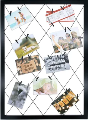 Produktbild von Holz Bilderrahmen schwarz mit Gummileinen - 75 cm x 55 cm - DIY Foto Collage Rahmen mit 20 Holzklammern - Gitter Fotohalter Bildergalerie Fotoboard Fotoleine