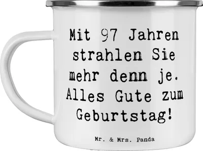 Produktbild von Mr. & Mrs. Panda Teetasse Spruch 97. Geburtstag Strahlen - Weiß - Geschenk, Emaille Tasse, Teebecher, Happy Birthday, Geburtstagsgeschenk, Handarbeit, Haferl, Dankbarkeit