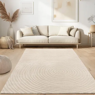 Produktbild von Teppich Kurzflor Unifarben Wohnzimmer schmutzabweisend Creme Rechteckig 160x220 | 65% Polypropylen, 35% Polyester | Florhöhe: 14 mm | pflegeleicht