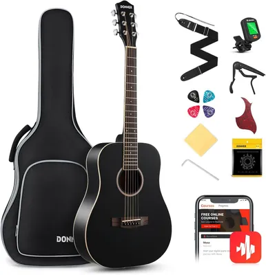 Immagine prodotto di Chitarra acustica Donner 3/4 per principianti Set chitarra acustica per adulti Dreadnought da 36 pollici con custodia, capotasto, plettri e tracolla (nero)