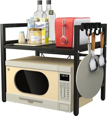 Image de Étagère pour micro-ondes à 2 niveaux, extensible de 40 à 60 cm, en acier inoxydable