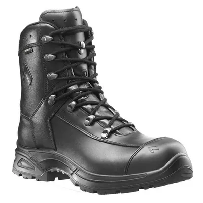 A black leather work boot with laces and a thick sole, shown from a three-quarter angle against a white background.