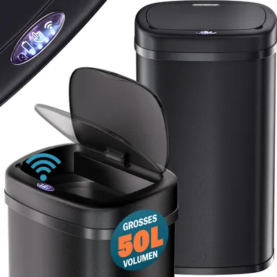 A black sensor trash can with its lid open, showing the interior and a close-up of the sensor area. Another identical trash can is shown closed in the background.