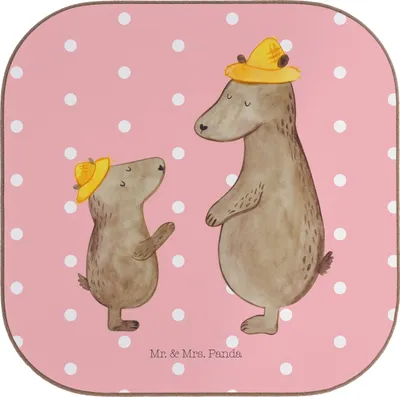 Produktbild von Mr. & Mrs. Panda Untersetzer für Gläser Bären mit Hut - Rot Pastell - Geschenk, Vatertag, Muttertag, Familie, gläseruntersetzer, Daddy, Family, Tasse, Glas, Papa, Coaster