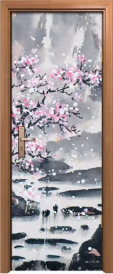 Produktbild von Türposter 70x200 cm Türaufkleber Türtapete Türfolie Klebefolie Chinesisch Landschaft Kirsch Berg Baum