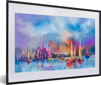 Produktbild von MuchoWow® Gerahmtes Poster Ölgemälde - Boot 60x40 cm - Poster mit Schwarzem Bilderrahmen Wandposter Rahmen Foto Bilder - Schlafzimmer - Plakat in Rahmen - Drucken