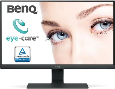 A close-up of a woman's eyes and part of her face, with BenQ branding and certifications overlaid on the left side.