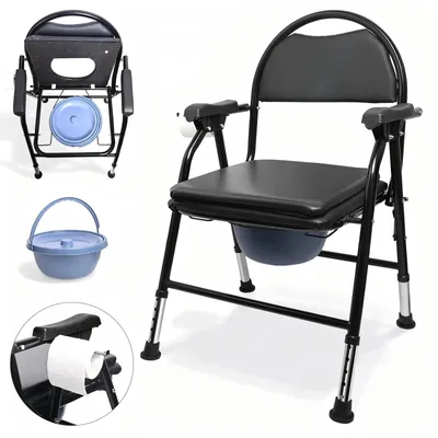 Produktbild von Faltbarer Toilettenstuhl für Senioren - Rollbarer Kommodenstuhl mit Rädern und Eimer - Höhenverstellbar - Gepolsterter Sitz - Metallgestell - Schwarz