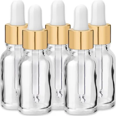 Produktbild von x5 Glasflasche klar 15 ml mit goldener Aluminiumpipette Medizinflasche