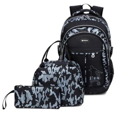 Produktbild von Schulrucksack Set 3-teilig Jungen Teenager Camouflage Grau mit Federmappe und Lunchpaket