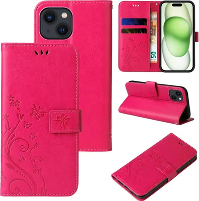 Produktbild von Handyhülle für Apple iPhone 15 Floral Blumen Schmetterling Flip Cover Hülle Case Klapphülle Handytasche Farbe: Pink