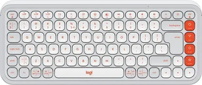 A white and orange Logitech keyboard is shown from a top-down perspective against a white background.