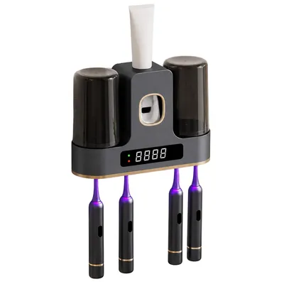 Produktbild von Badezimmer-Zahnbürstenhalter mit Luft Trocknungsfunktion,Zahnbürsten-Desinfektionshalter,Doppel Becher für elektrische Zahnbürsten,Zahnpasta-Spender