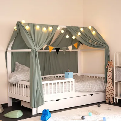Produktbild von HOME DELUXE - Kinderbett STERNENLAND mit Schubladen - 90 x 200 cm, Farbe: Weiß, Kiefernholz, inkl. Rausfallschutz und Tonieboxhalterung I Kinderbettchen Jugendbett Babybett