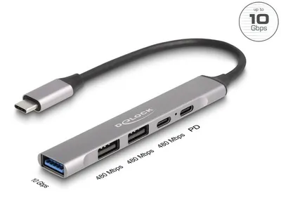 Produktbild von DeLOCK 64298, Kabelgebunden, USB 3.2 Gen 2 (3.1 Gen 2) Type-C, 95 W, Grau, 10 Gbit/s, Metall