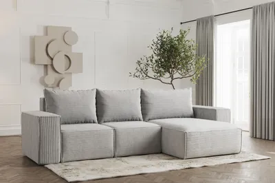 Produktbild von Ecksofa Designersofa ESTELLE in Stoff Poso Hellgrau Ottomane Rechts