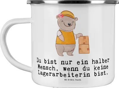 Produktbild von Mr. & Mrs. Panda Emaille Tasse Lagerarbeiterin Herz - Weiß - Geschenk, Fachlageristin, Ausbildung, Lustig, Spruch, Becher, Teetasse, Pott, Kaffeepott, Haferl