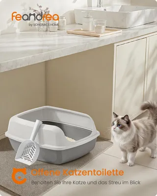 Produktbild von Feandrea Katzenklo mit hohen Seitenwänden, XXL, offene Katzentoilette, mit Schaufel, für Kätzchen und große Katzen, wolkenweiß