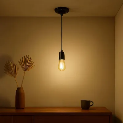 Image de Lampe suspendue en porcelaine E27, câble textile, émail noir