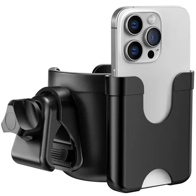 Zdjęcie produktu dla Uchwyt na napoje dla wózka dziecięcego/spacerowego z uchwytem na telefon, uniwersalny uchwyt na kubek do wózków inwalidzkich, rowerów i chodzików, kolor czarny