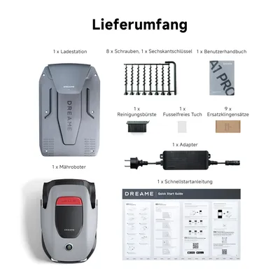 An image displaying the contents of a Dreame A1 Pro robotic lawnmower package, including the robot, charging station, accessories, and instructions.