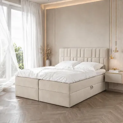 Zdjęcie produktu dla Łóżko kontynentalne dwuosobowe TEO 1 – łóżko o wymiarach 140 x 200 cm z materacem typu Bonell, z pojemnikiem na pościel i nakładką. (Beżowe)