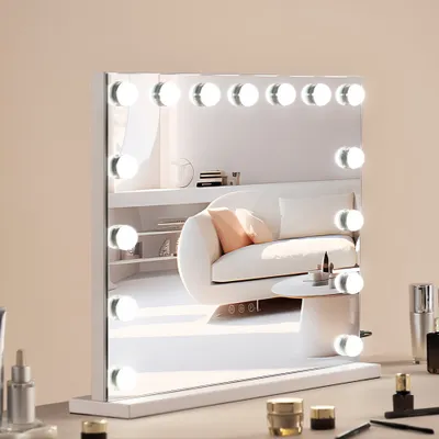 Obrázek produktu pro Hollywoodské kosmetické zrcadlo - Kosmetické zrcadlo s USB držákem na zeď - 580x458mm - Bílé - Kosmetické zrcadlo do koupelny a kosmetického salonu