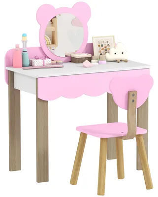 Produktbild von Frisiertisch-Set mit Hocker für Kinder, Schminkspiegel, Bärchenform, Schublade, MDF, Rosa