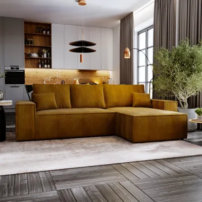 Produktbild von Ecksofa MOSEN L-form 279x181 cm mit Bettkasten und Schlaffunktion, rechte Seite - Poso 01 / Senffarbe