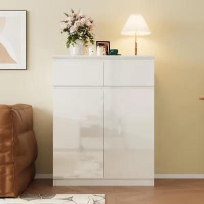Produktbild von Sideboard mit 2 Türen und 2 Schubladen, Hochglanz-Kommode, für Küche, Wohnzimmer, Schlafzimmer, Flur, Weiß, MDF, 80 × 103 × 40 cm
