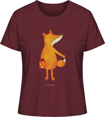 Produktbild von Mr. & Mrs. Panda Oberteil Damen Fuchs Laterne Größe S - Burgundy - Geschenk, Shirt, Liebeskummer Spruch, Kurzarmshirt, Selbstbewusst, Sankt Martin, Baumwoll T-Shirt