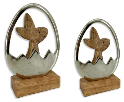 Produktbild von Osterdeko aus Holz und Metall - Set mit kleinem und großem Osterhasen im Ei