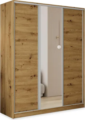 Produktbild von Masseno Schiebetürenschrank TARI 150/205/58 cm Kleiderschrank mit 4 Schubladen Schlafzimmer Schrank 3-türig mit Spiegel Eiche Artisan