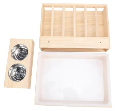 Produktbild von Futterstation aus Holz mit 2 Edelstahlschalen - Futterstation für Kleintiere