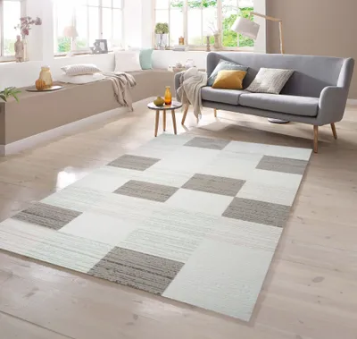 Produktbild von Designer Teppich Karo Muster in Beige Creme Türkis Rosa Größe - 80 x 300 cm
