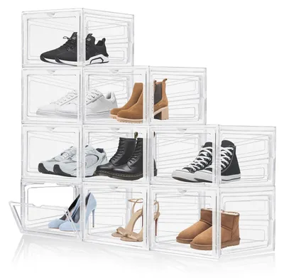 Image de Rangement pour chaussures - Lot de 9 boîtes à chaussures transparentes - Boîtes empilables - Plastique PP rigide - Porte magnétique - 34 x 27 x 19 cm