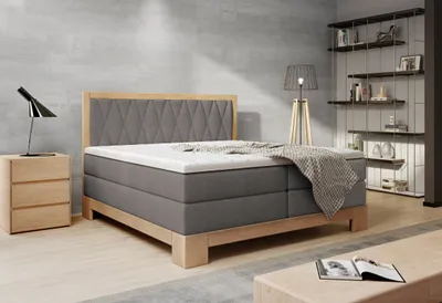 Image de Lit continental pour la chambre à coucher Lit boxspring en bois massif 180x200cm Matelas à ressorts ensachés 7 zones-Système de couchage de haute qualité Avec cadre en chêne Couleur gris