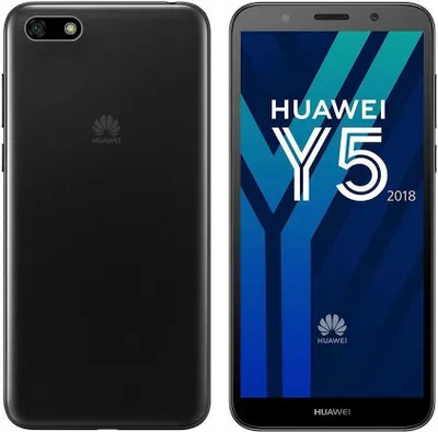 A front and back view of a black Huawei Y5 (2018) smartphone.