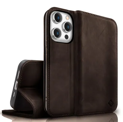 Produktbild von NALIA Echt-Leder Flipcase für iPhone 15 Pro Max Hülle, Rindsleder Schutzhülle RFID-Schutz Lederhülle Wallet Dunkel-Braun