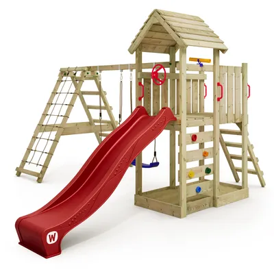 Image de WICKEY Tour de jeux RocketFlyer avec balançoire & toboggan, tour d'escalade avec bac à sable, annexe d'escalade & accessoires de jeu - rouge