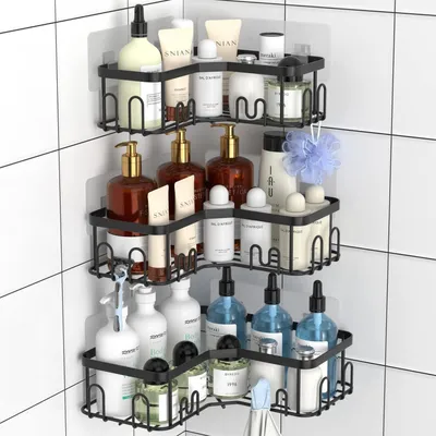 Image de Étagère de douche sans perçage, pour coin, lot de 3, noire, en acier inoxydable 304